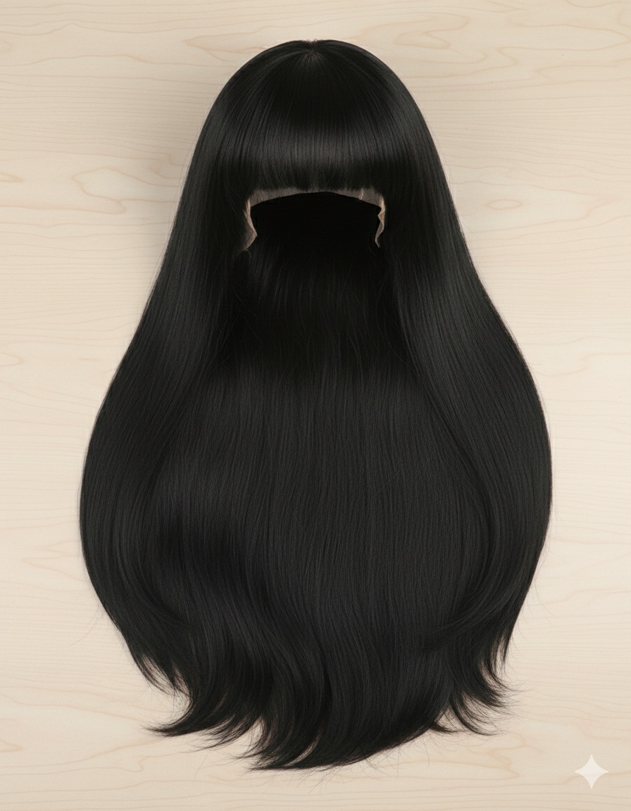 Glueless black wig with bangs