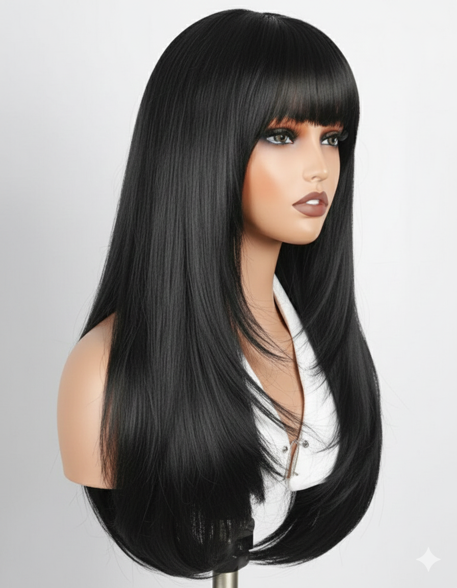 Glueless black wig with bangs